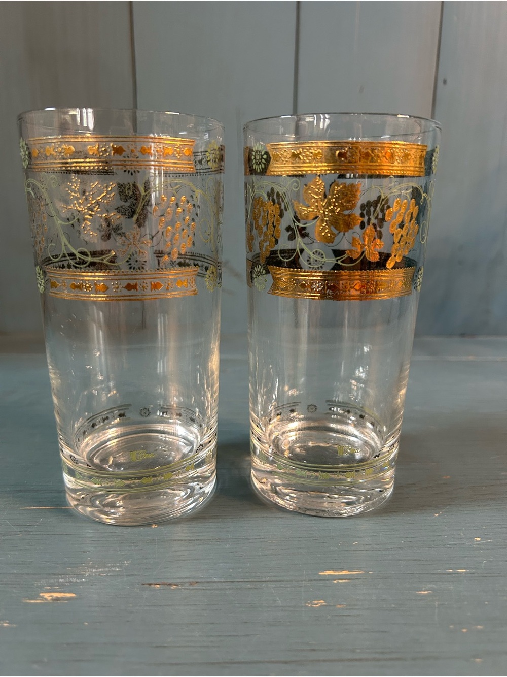 Vintage MCM 1960’s Cera Set of 2 Tall Clear Glasses with Gold Grape Vine Trim